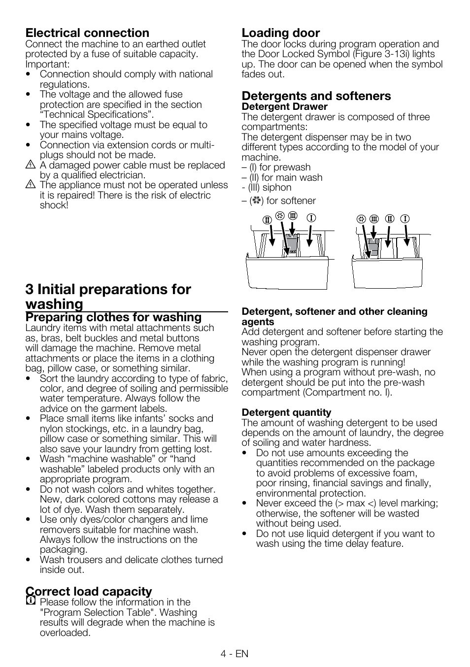 3 initial preparations for washing, Electrical connection, Preparing clothes for washing | Correct load capacity, Loading door, Detergents and softeners | Smeg LBS845-5 User Manual | Page 4 / 12