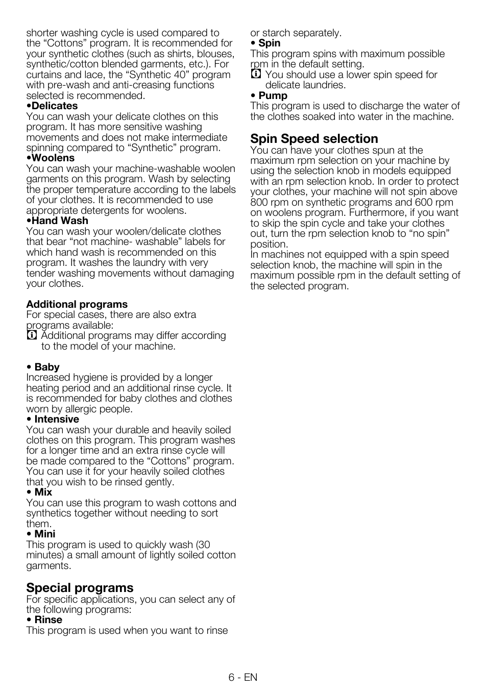 Special programs, Spin speed selection | Smeg LBS845-5 User Manual | Page 6 / 12