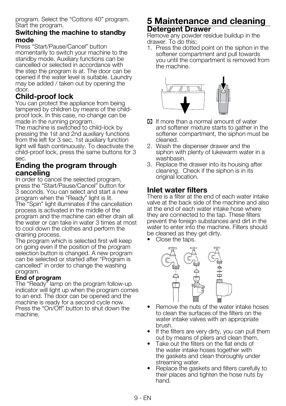 5 maintenance and cleaning, Child-proof lock, Ending the program through canceling | Detergent drawer, Inlet water filters | Smeg LBS845-5 User Manual | Page 9 / 12