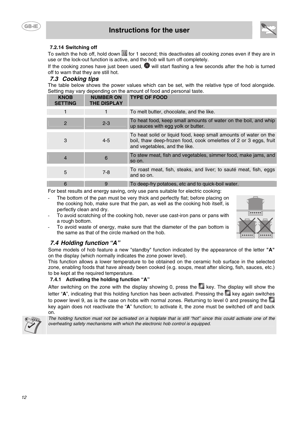 14 switching off, 3 cooking tips, 4 holding function “a | 1 activating the holding function “a, Instructions for the user | Smeg SE2641NO User Manual | Page 10 / 15