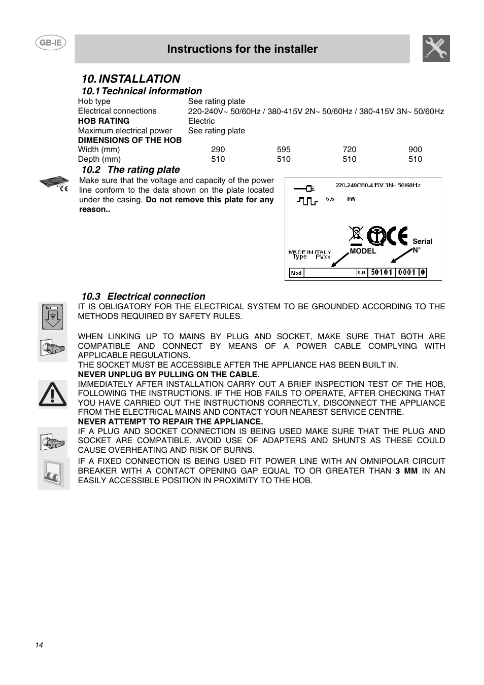 Installation, 1 technical information, 2 the rating plate | 3 electrical connection, Instructions for the installer | Smeg SE2641NO User Manual | Page 12 / 15