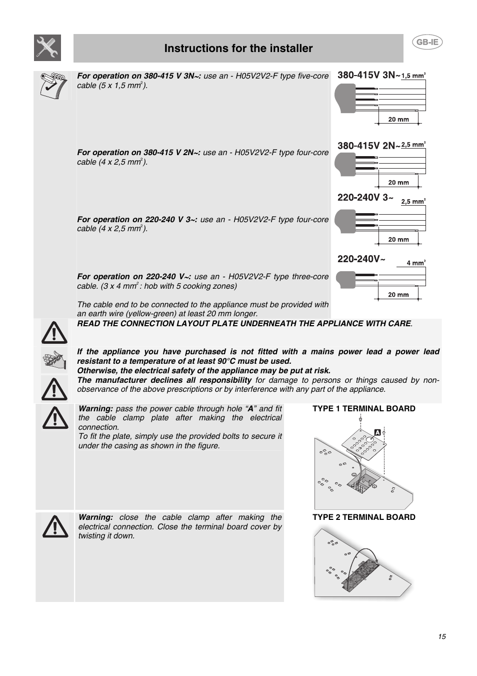 Instructions for the installer | Smeg SE2641NO User Manual | Page 13 / 15