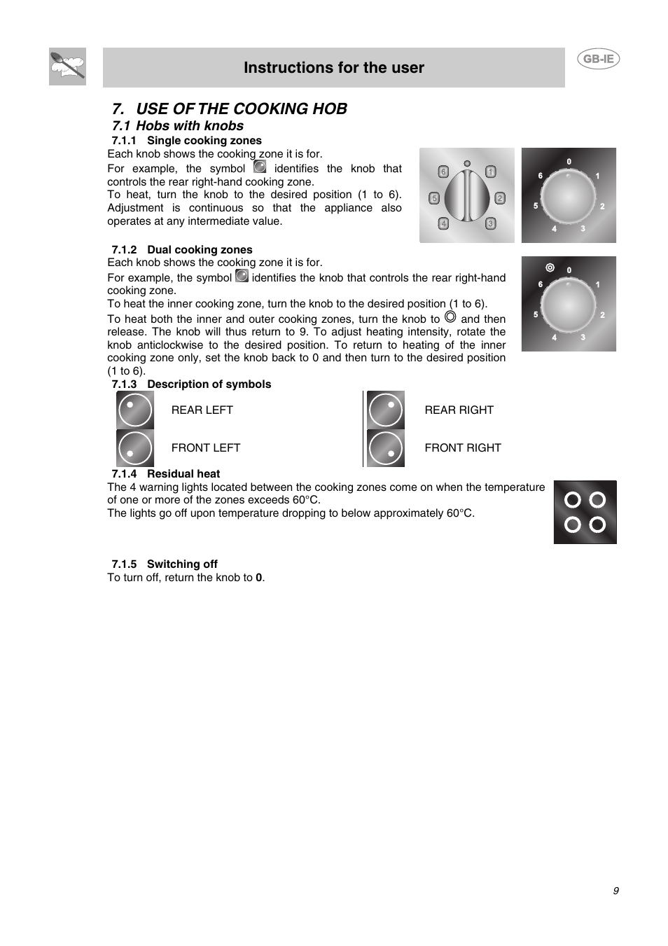 Use of the cooking hob, 1 hobs with knobs, 1 single cooking zones | 2 dual cooking zones, 3 description of symbols, 4 residual heat, 5 switching off, Instructions for the user | Smeg SE2641NO User Manual | Page 7 / 15