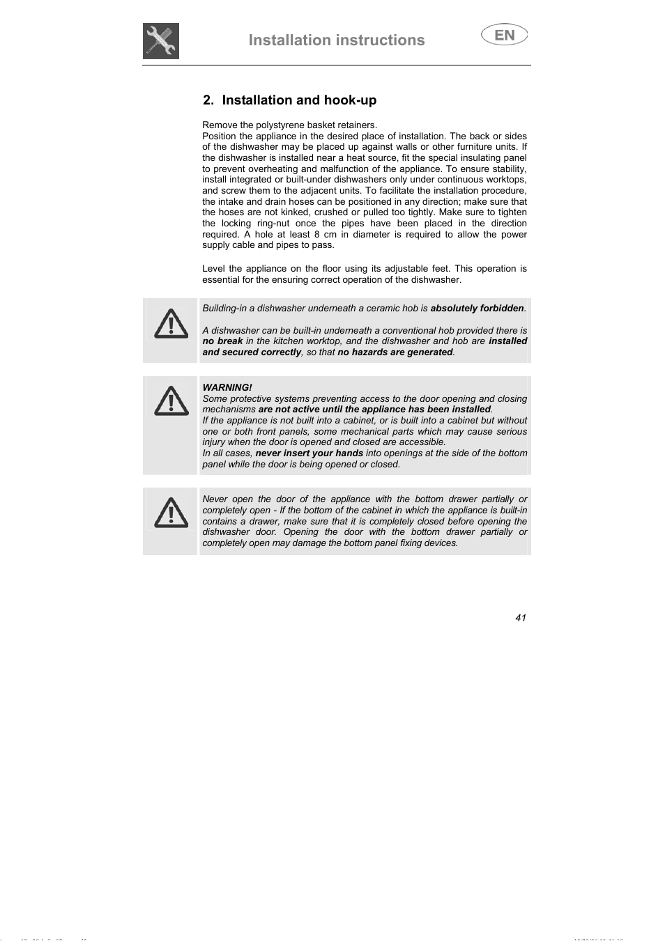 Installation instructions, Installation and hook-up | Smeg DI607 User Manual | Page 6 / 36