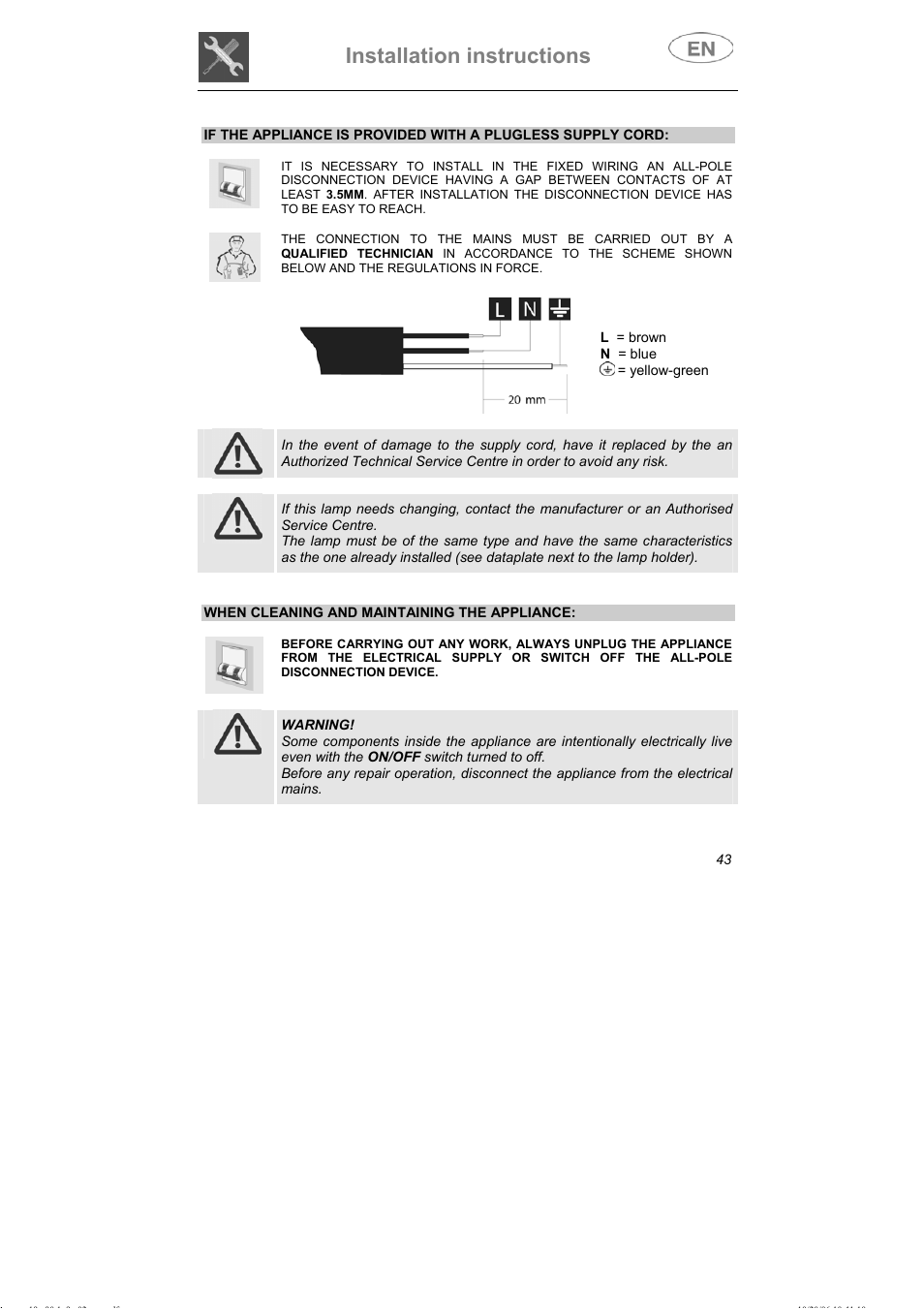 Installation instructions | Smeg DI607 User Manual | Page 8 / 36