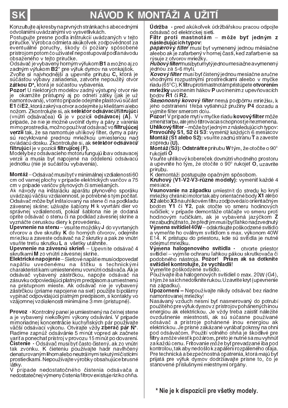 Návod k montái a uití sk, Nie je k dispozícii pre vetky modely | Smeg KSEC70X User Manual | Page 15 / 20
