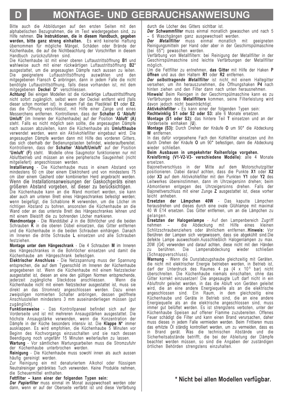Montage- und gebrauchsanweisung d, Nicht bei allen modellen verfügbar | Smeg KSEC70X User Manual | Page 9 / 20