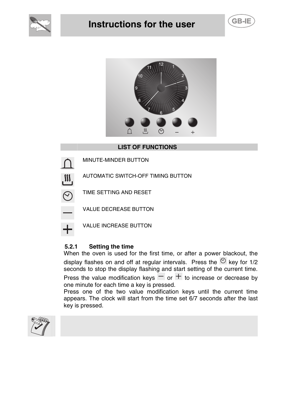 2 electronic analogue clock, 1 setting the time, Instructions for the user | Smeg CS71-5 User Manual | Page 11 / 26
