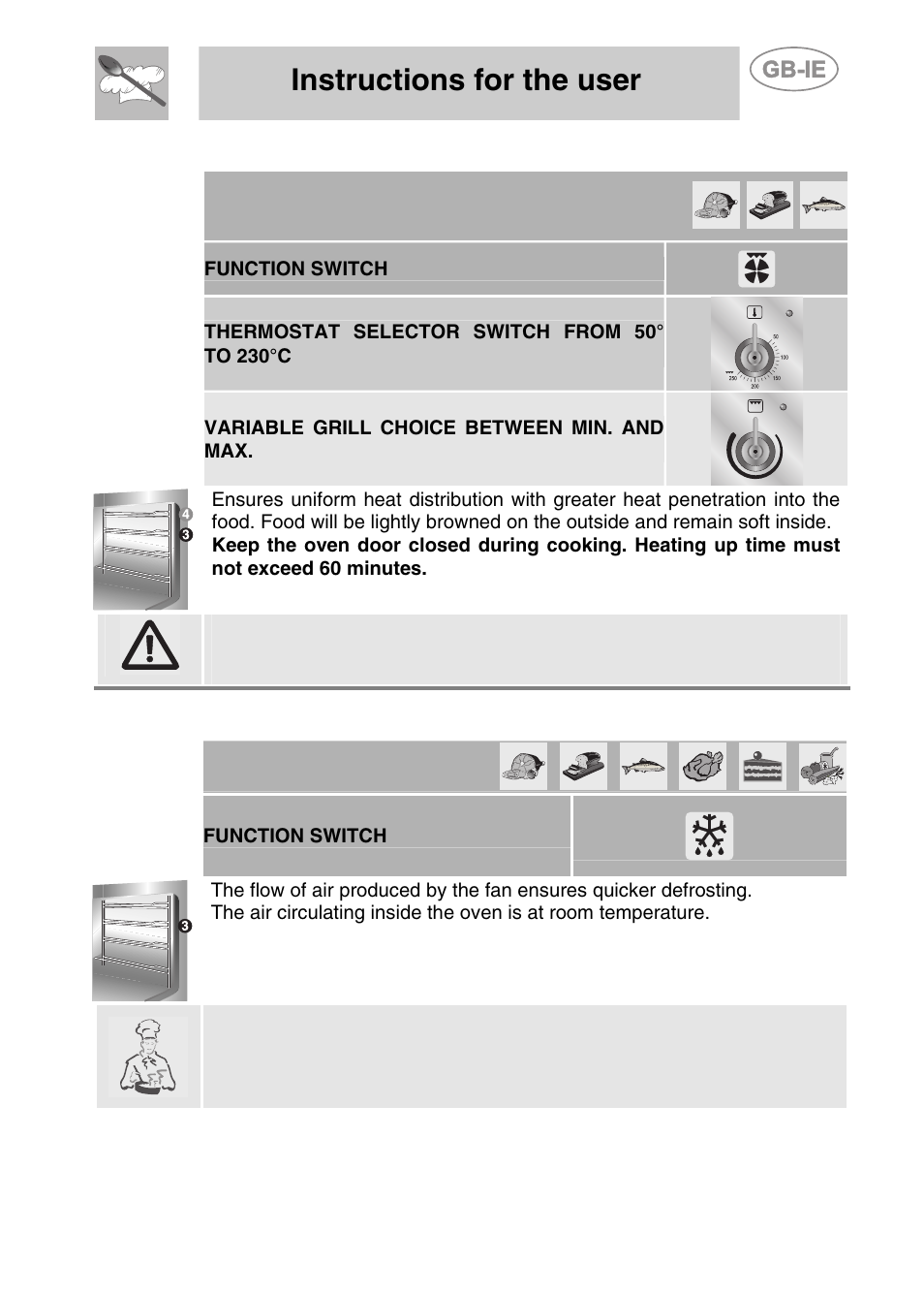 2 hot-air grilling, Defrosting, Instructions for the user | 3 defrosting | Smeg CS71-5 User Manual | Page 19 / 26