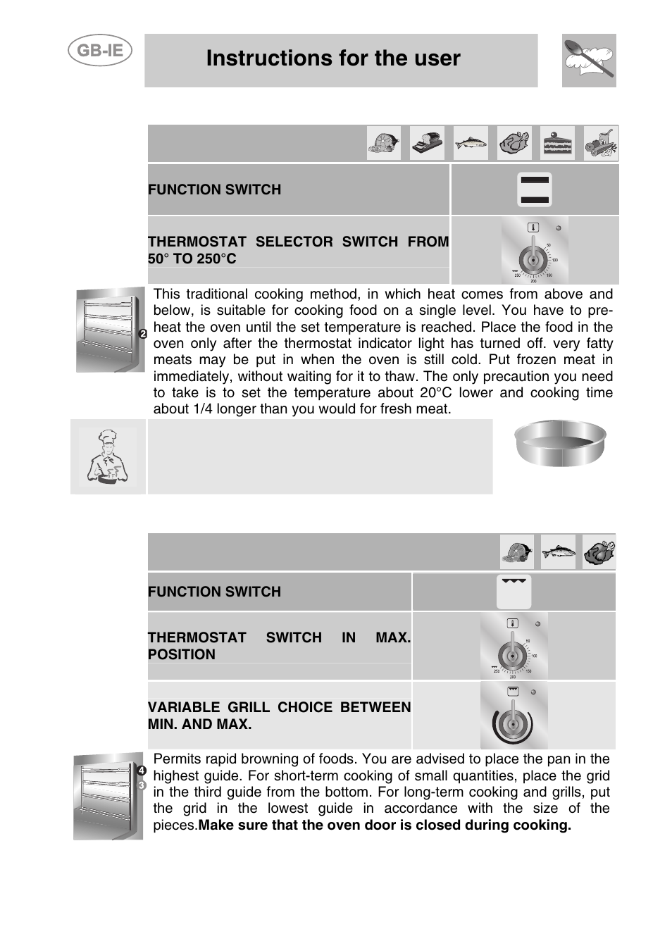 Traditional cooking, Variable grill cooking, Instructions for the user | 4 traditional cooking, 5 variable grill cooking | Smeg CS71-5 User Manual | Page 20 / 26