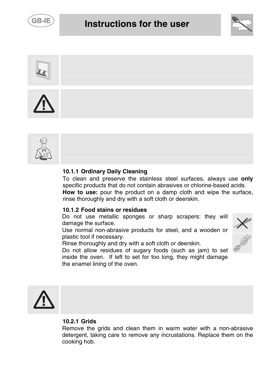 Cleaning and maintenance, 1 cleaning stainless steel, 1 ordinary daily cleaning | 2 food stains or residues, 2 cleaning of cooking hob components, 1 grids, Instructions for the user | Smeg CS71-5 User Manual | Page 22 / 26