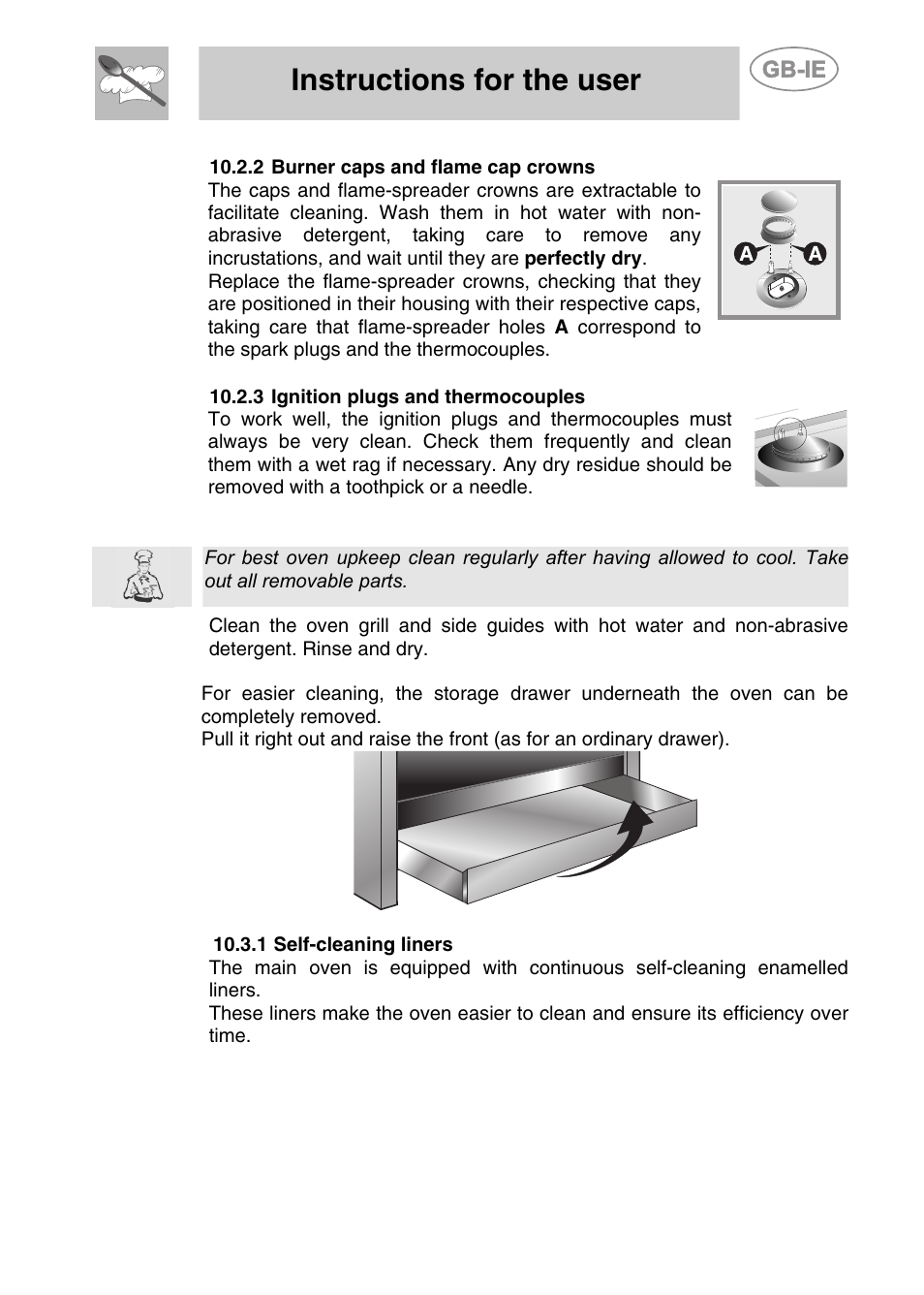 2 burner caps and flame cap crowns, 3 ignition plugs and thermocouples, 3 cleaning the inside of the oven | 1 self-cleaning liners, Instructions for the user | Smeg CS71-5 User Manual | Page 23 / 26