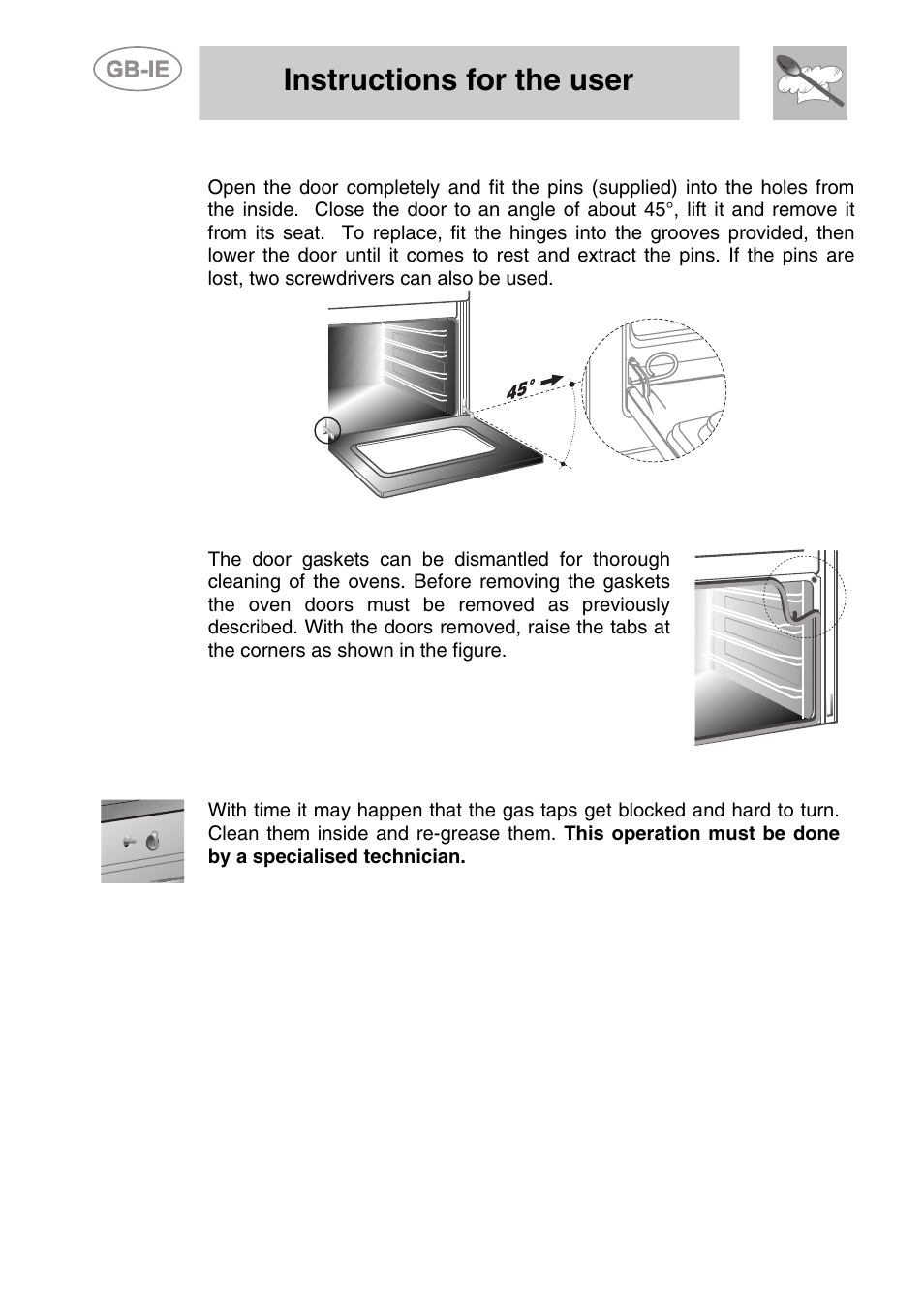 Removing the door, 3 oven door gaskets, 4 lubrication of gas taps | Instructions for the user | Smeg CS71-5 User Manual | Page 26 / 26