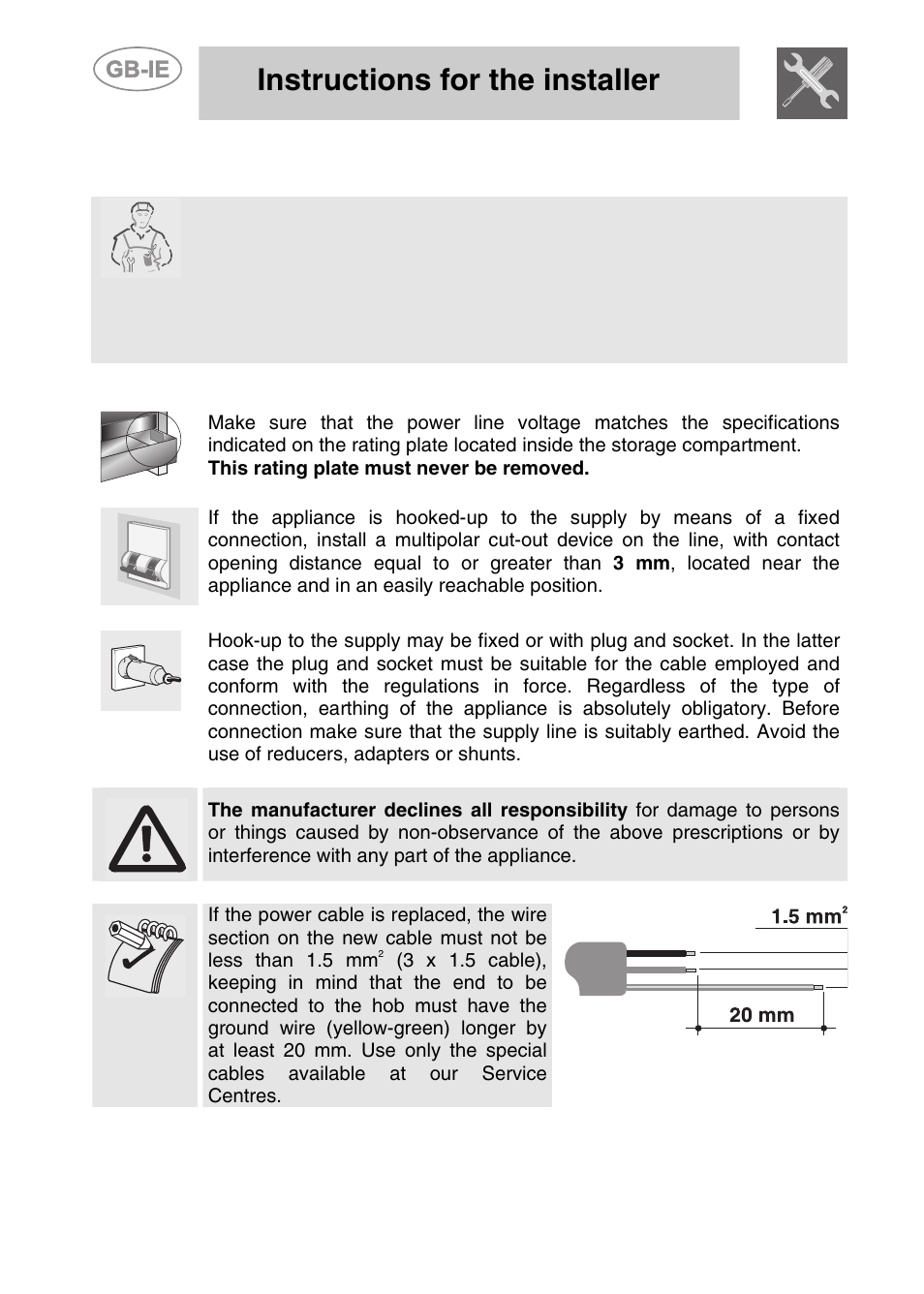 Installation of the appliance, 1 electrical connection, Instructions for the installer | Smeg CS71-5 User Manual | Page 4 / 26