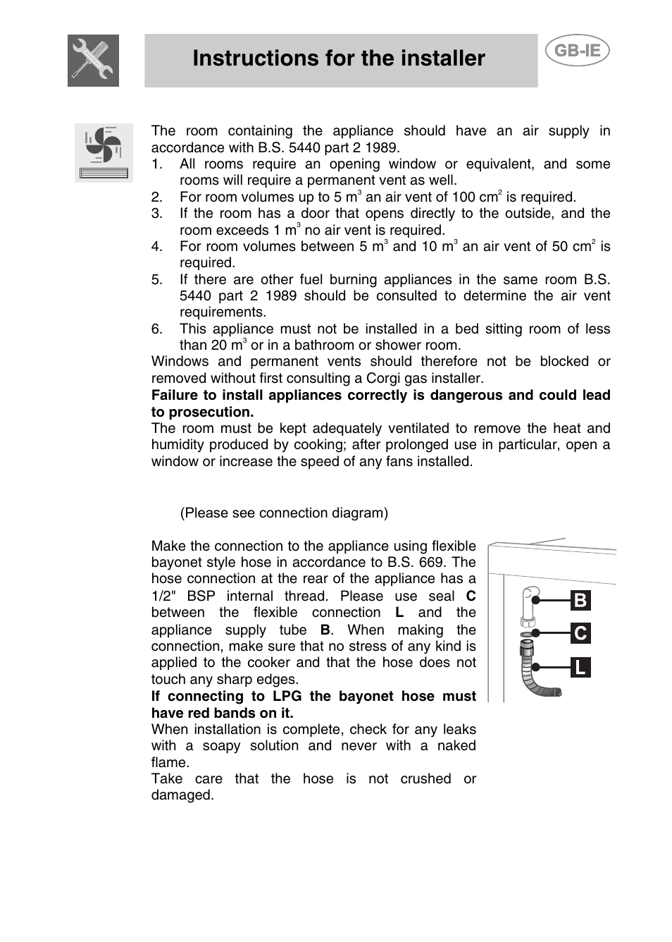 Ventilation requirements, 3 connecting to natural and lpg gas, Instructions for the installer | Smeg CS71-5 User Manual | Page 5 / 26