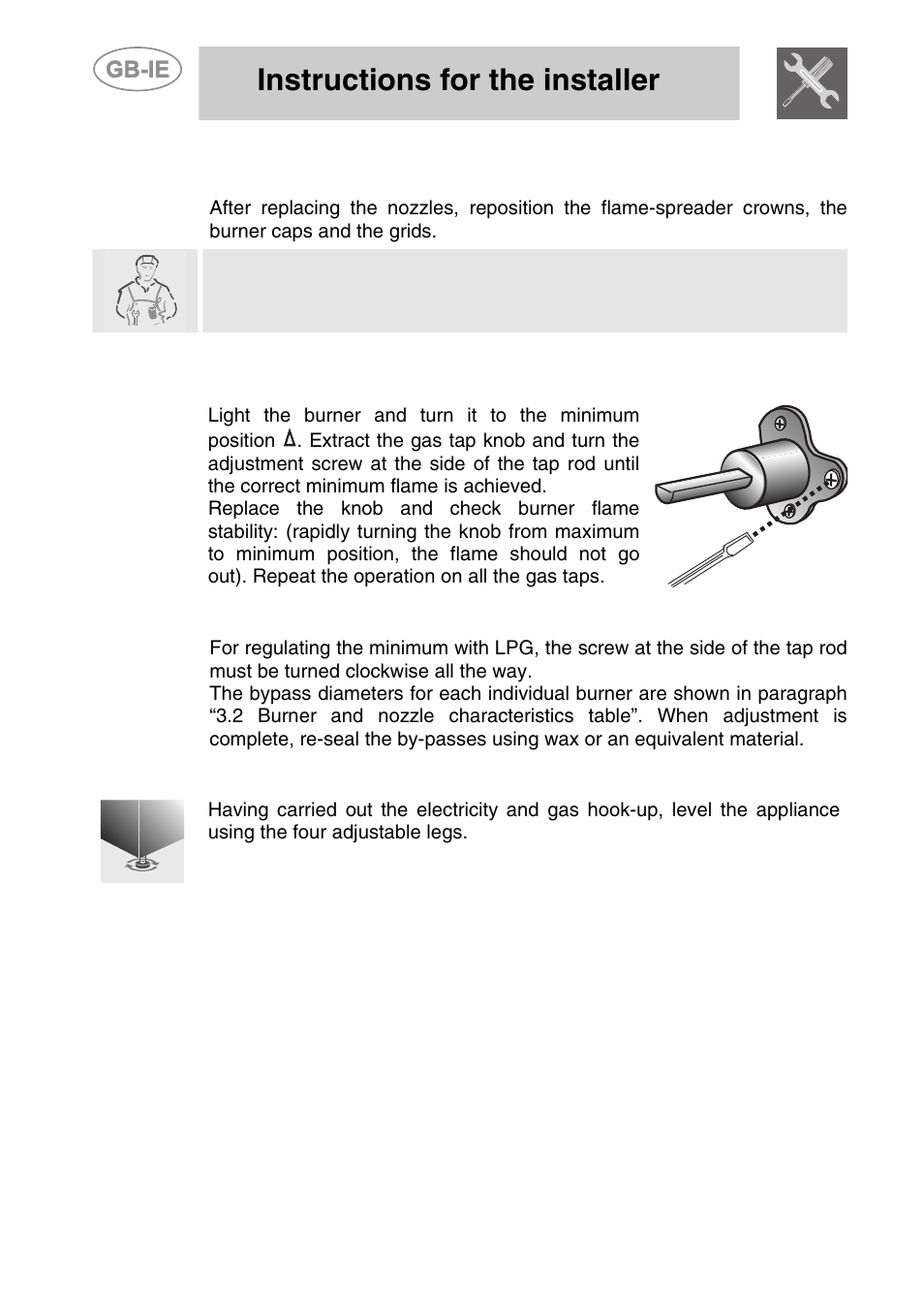 Final operations, 1 adjustment of minimum for natural gas, 2 regulation of minimum for lpg | 3 positioning and levelling of the appliance, Instructions for the installer | Smeg CS71-5 User Manual | Page 8 / 26