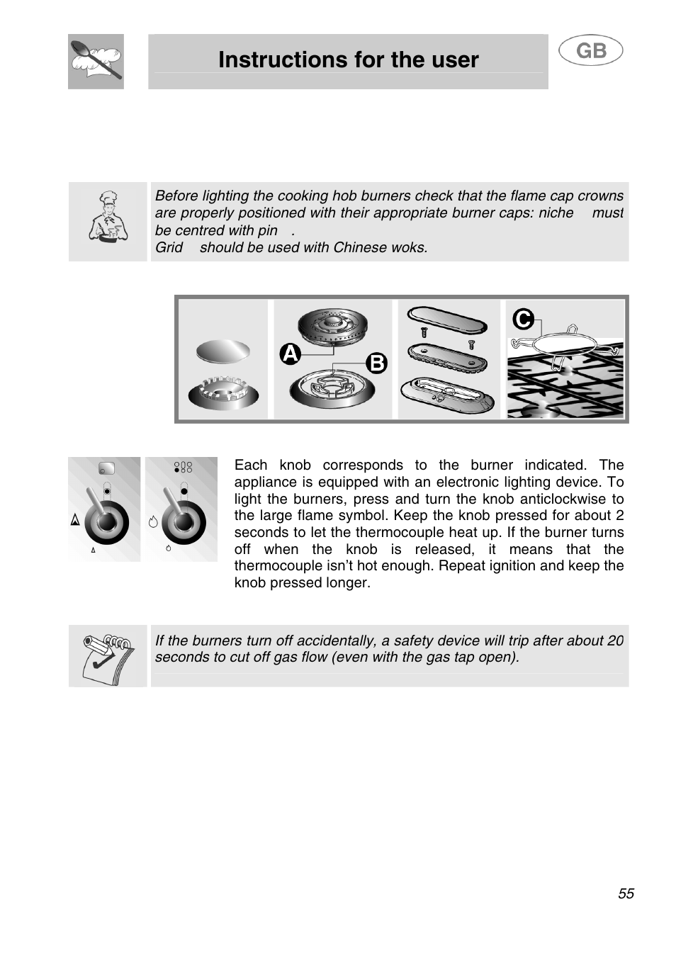 Instructions for the user, Use of the cooking hob, 1 lighting of the cooking hob burners | Smeg A1.1K User Manual | Page 21 / 35
