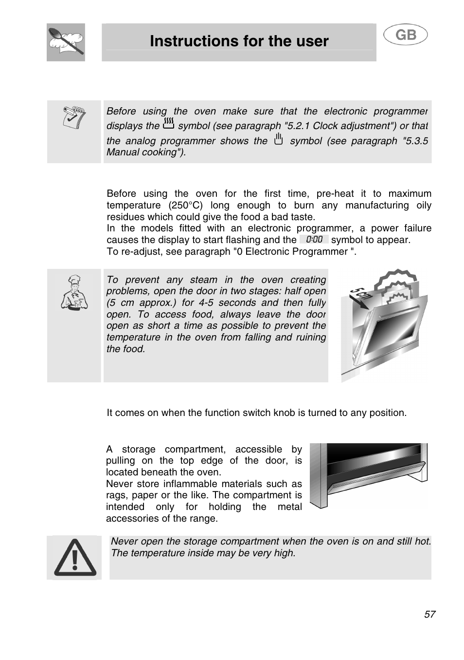 Instructions for the user, Use of the oven, 1 warnings and general advice | 2 oven light, 3 storage compartment | Smeg A1.1K User Manual | Page 23 / 35