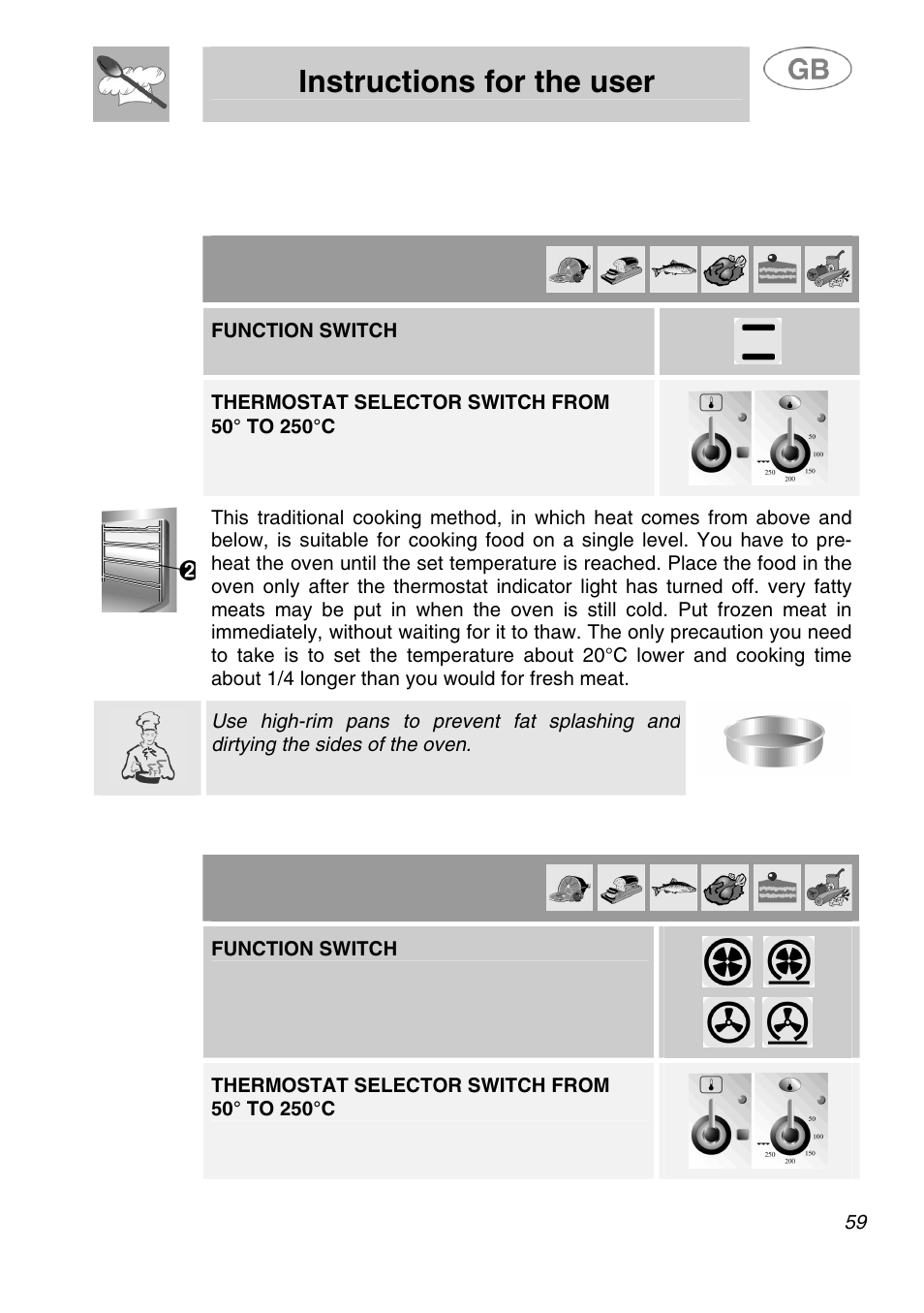 Instructions for the user, Cooking hints, 1 traditional cooking | 2 hot-air cooking, Function switch | Smeg A1.1K User Manual | Page 25 / 35