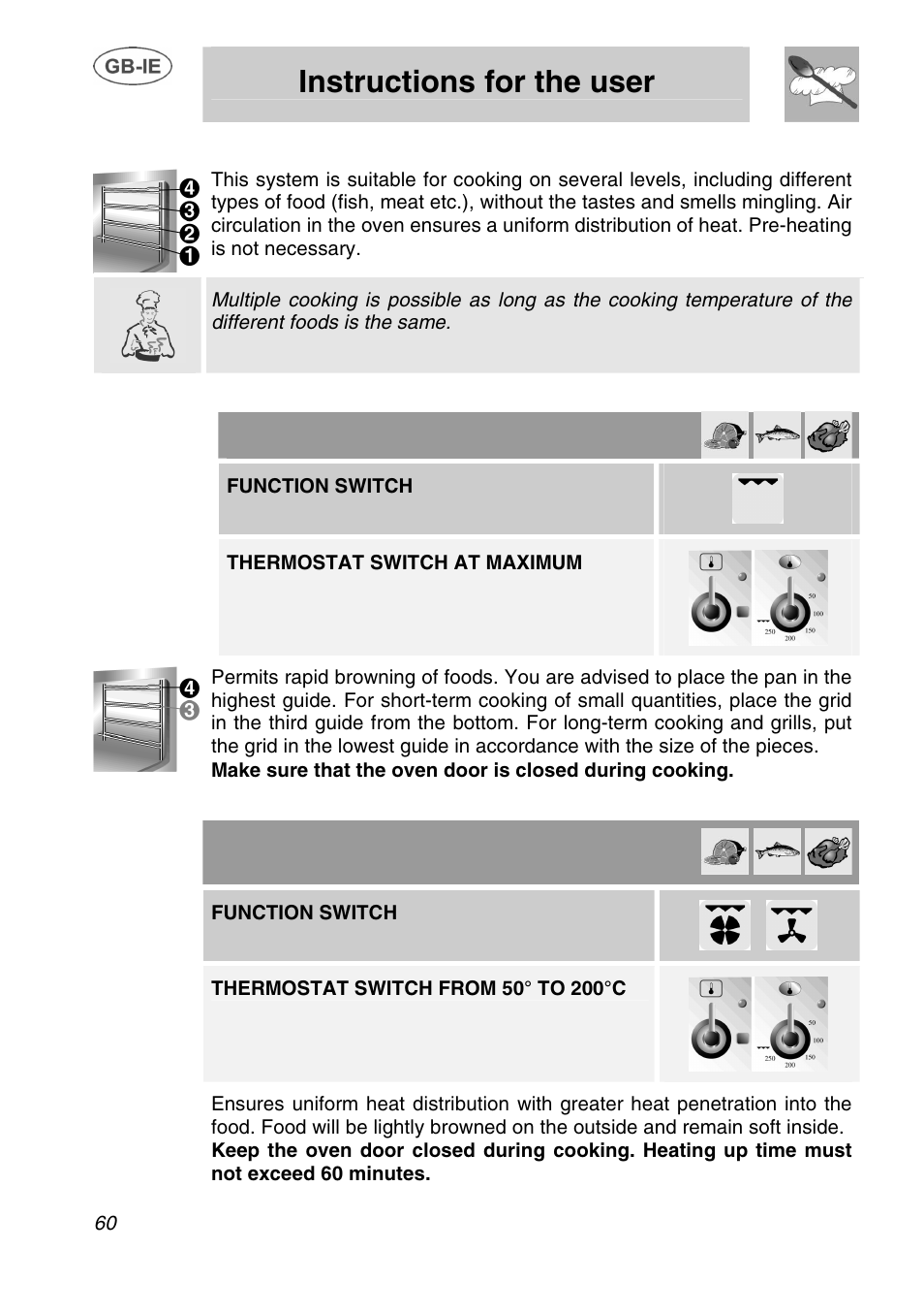 Instructions for the user, 3 grill cooking, 4 hot-air grilling | Function switch, Thermostat switch at maximum | Smeg A1.1K User Manual | Page 26 / 35