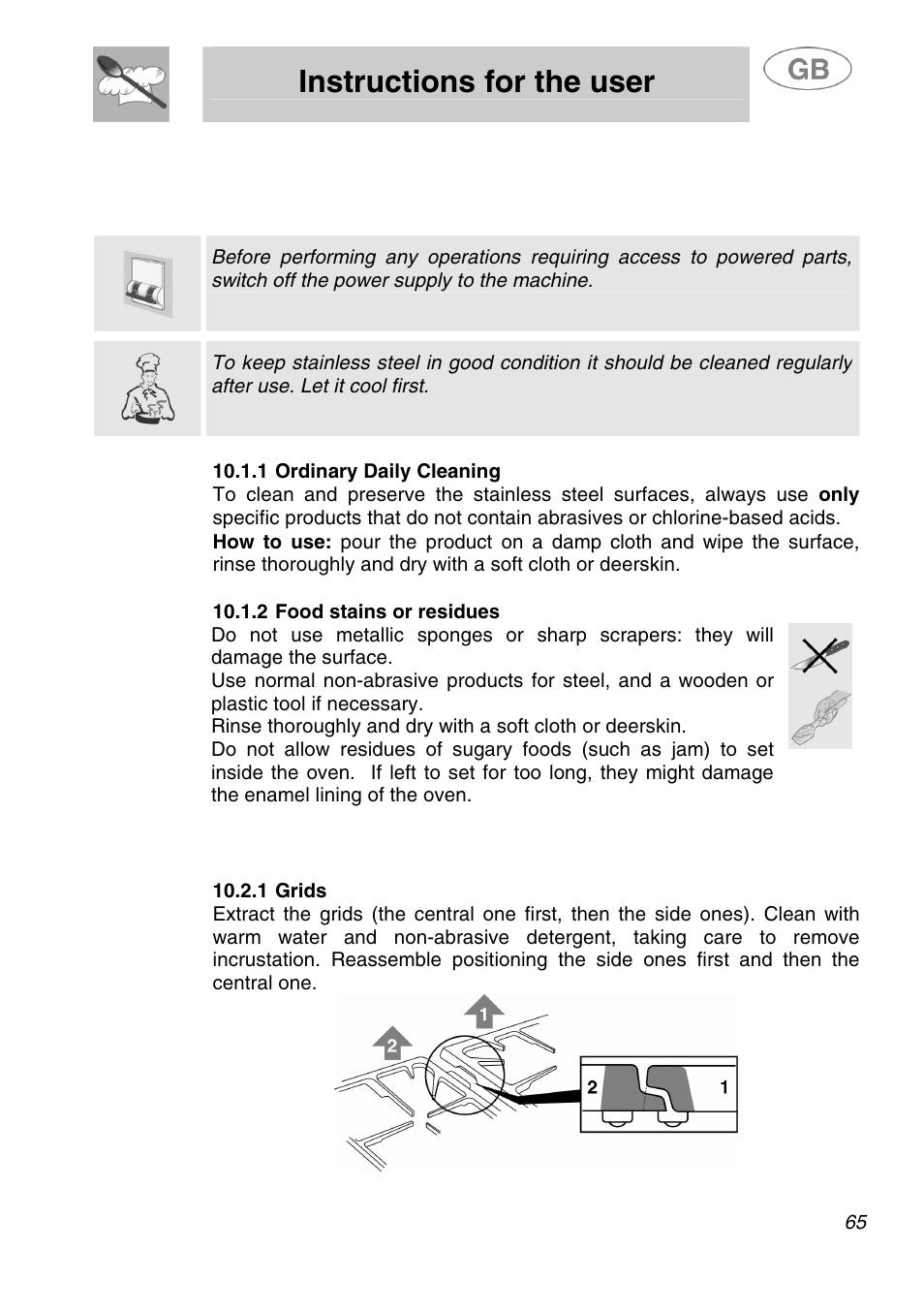 Instructions for the user, Cleaning and maintenance, 1 cleaning stainless steel | 2 cleaning of cooking hob components | Smeg A1.1K User Manual | Page 31 / 35