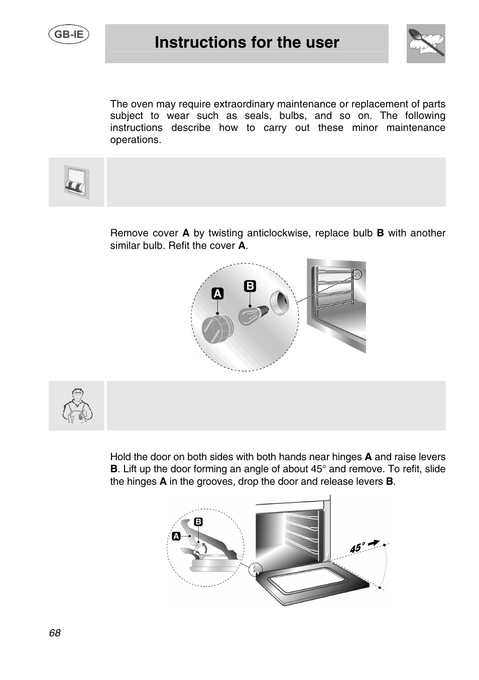 Instructions for the user, Extraordinary maintenance, 1 replacement of light bulb | 2 removing the door, Only use oven bulbs (t 300°c) | Smeg A1.1K User Manual | Page 34 / 35