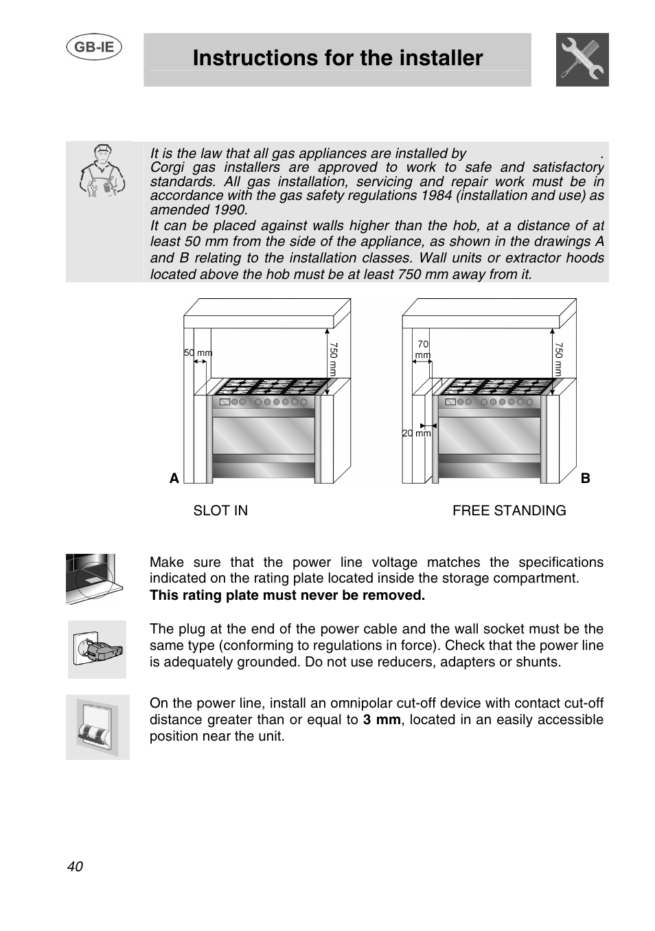 Instructions for the installer, Installation of the appliance | Smeg A1.1K User Manual | Page 6 / 35