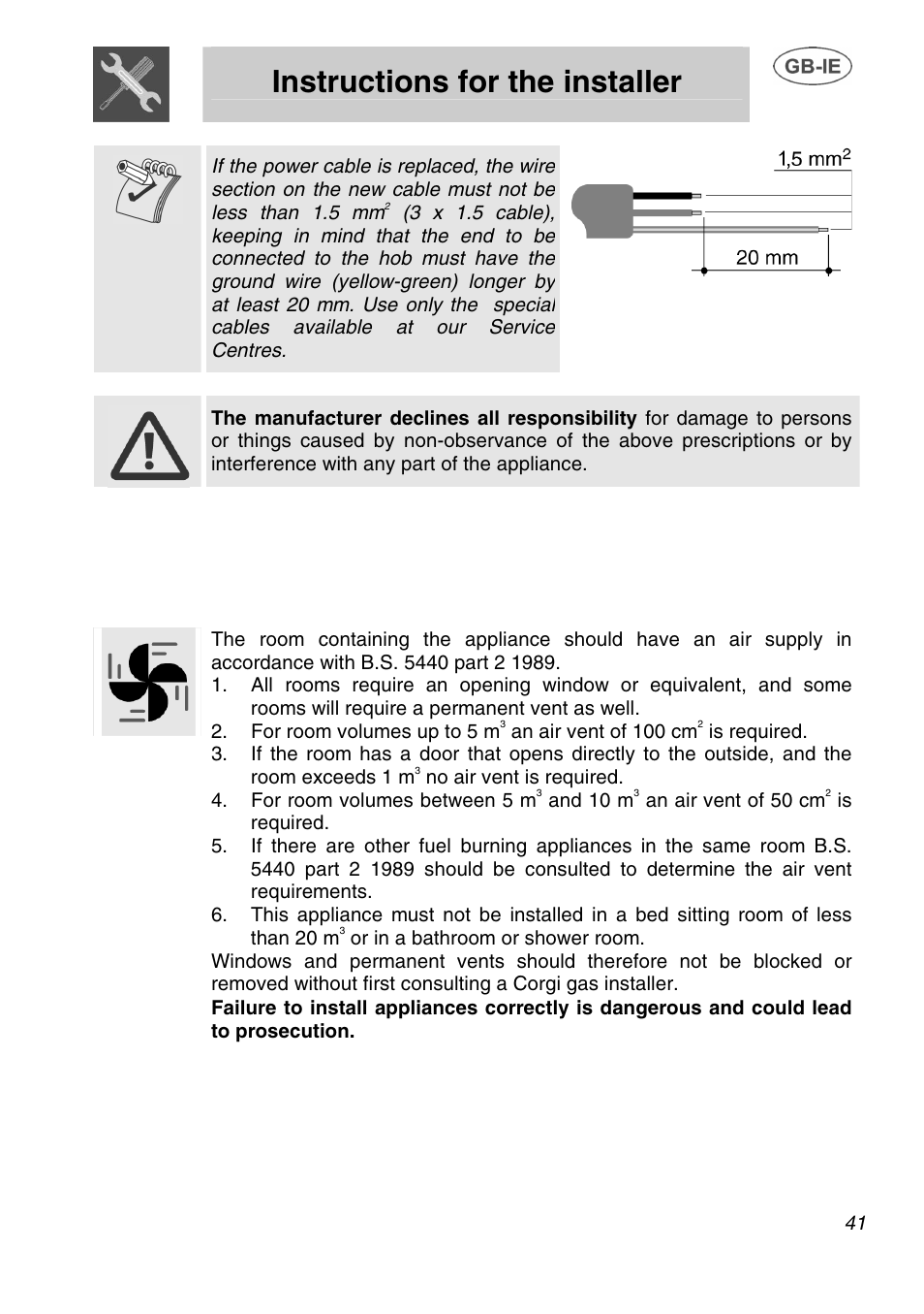 Instructions for the installer, 2 ventilation requirements, An air vent of 100 cm | And 10 m, An air vent of 50 cm | Smeg A1.1K User Manual | Page 7 / 35