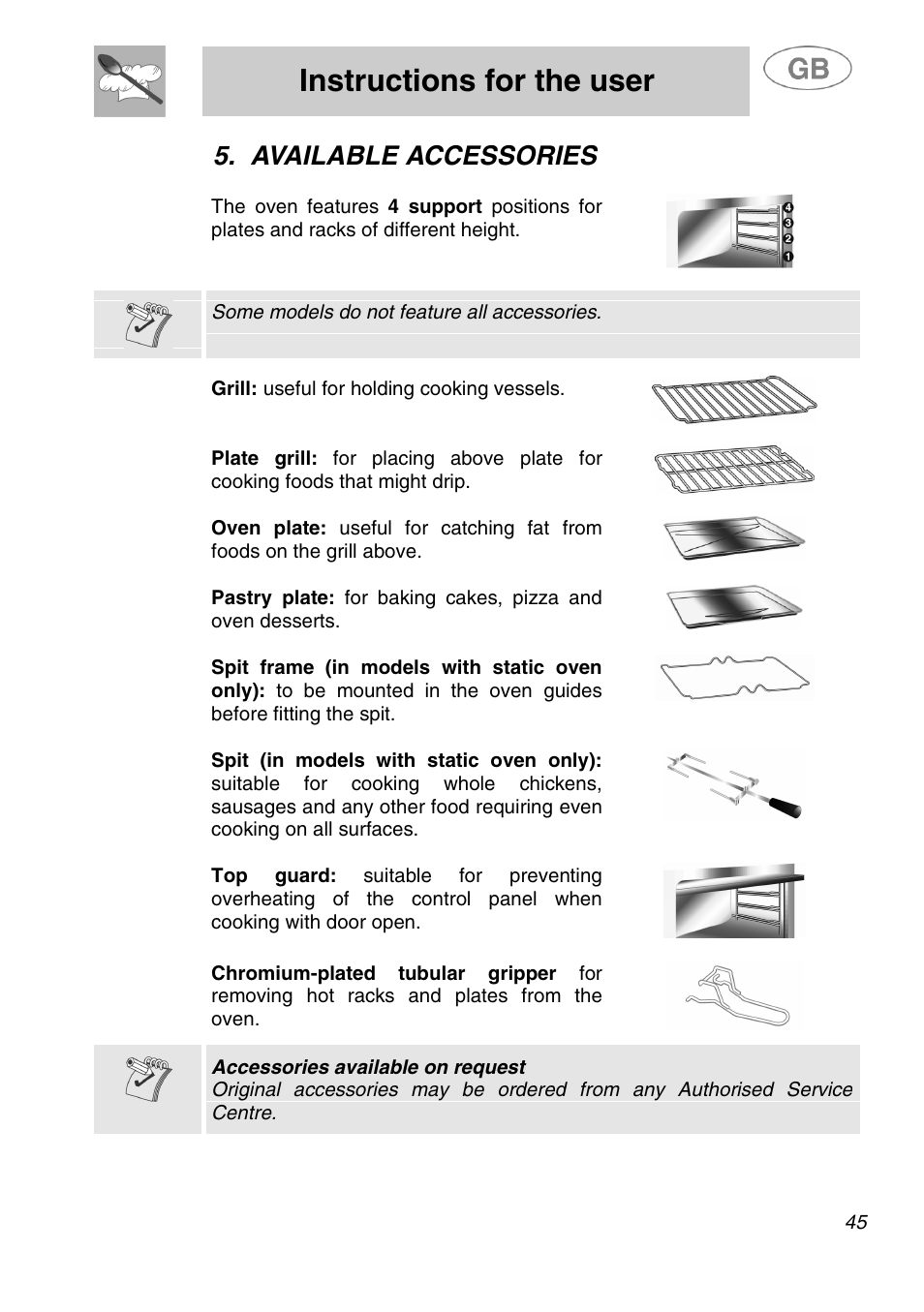 Instructions for the user, Available accessories | Smeg SA280X User Manual | Page 17 / 26