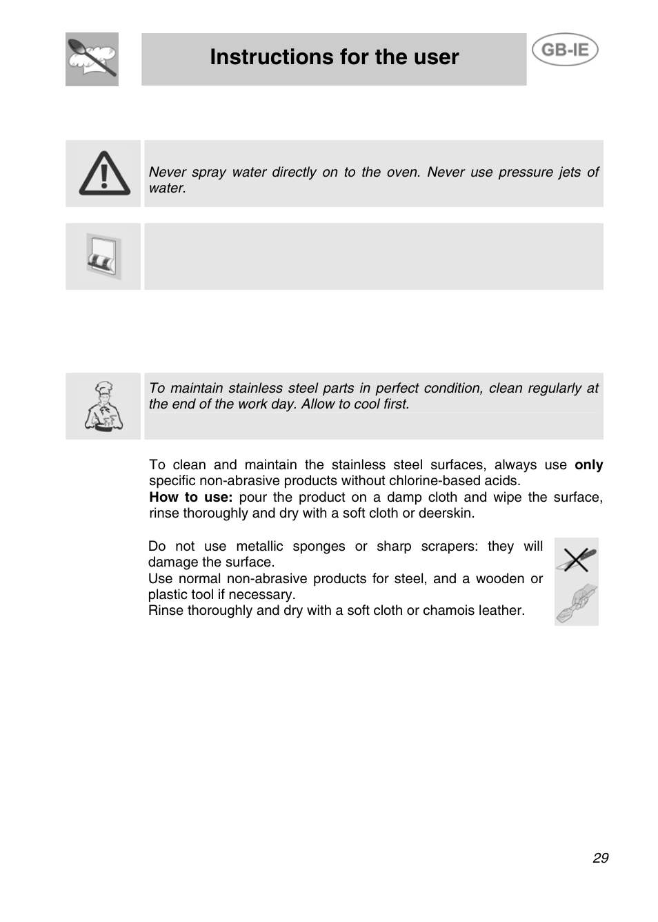 Instructions for the user, Cleaning and maintenance, 1 cleaning stainless steel parts | Smeg ALFA31XE User Manual | Page 12 / 15