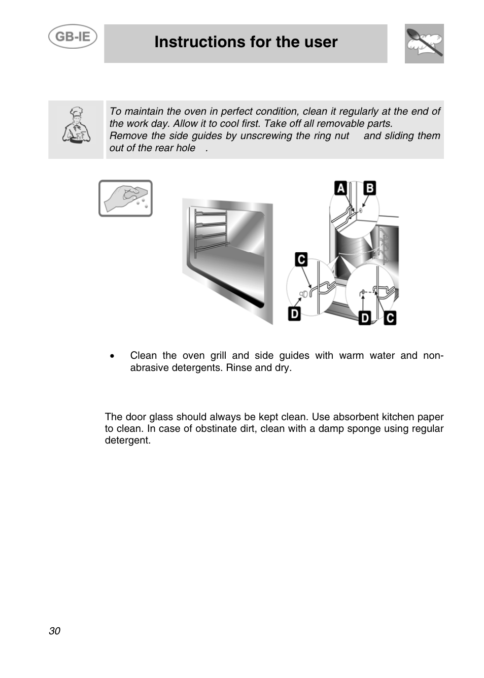 Instructions for the user, 2 cleaning the inside of the oven, 3 door glass | Smeg ALFA31XE User Manual | Page 13 / 15