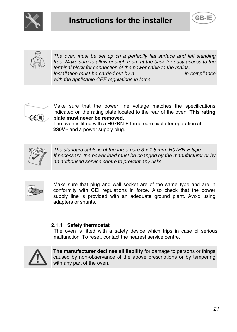 Instructions for the installer, Installation of the oven, 1 electrical connection | Smeg ALFA31XE User Manual | Page 4 / 15