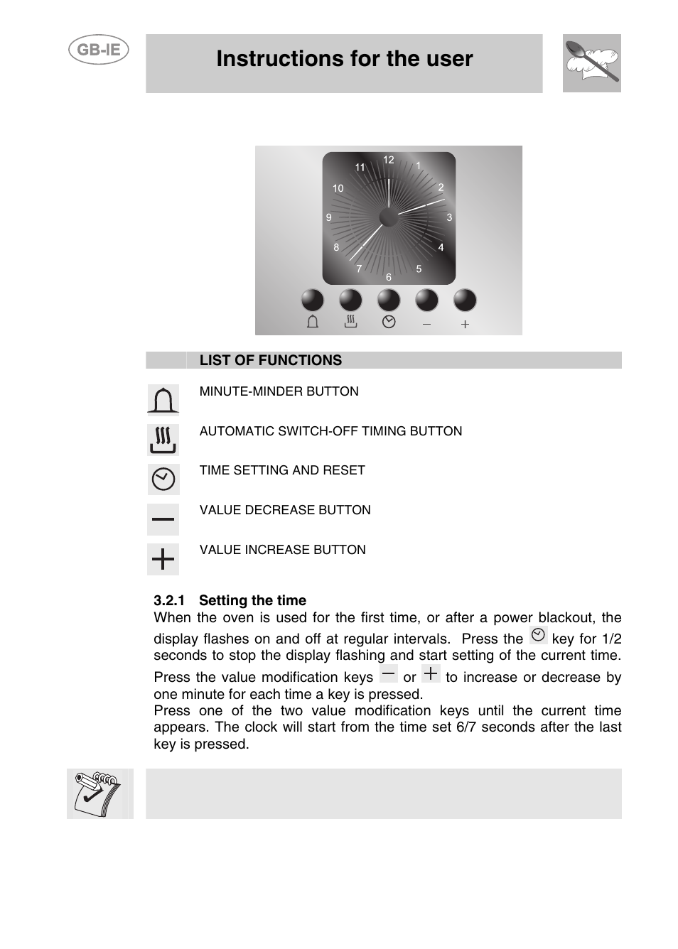 2 electronic analogue clock, 1 setting the time, Instructions for the user | Smeg S108X-5 User Manual | Page 10 / 24
