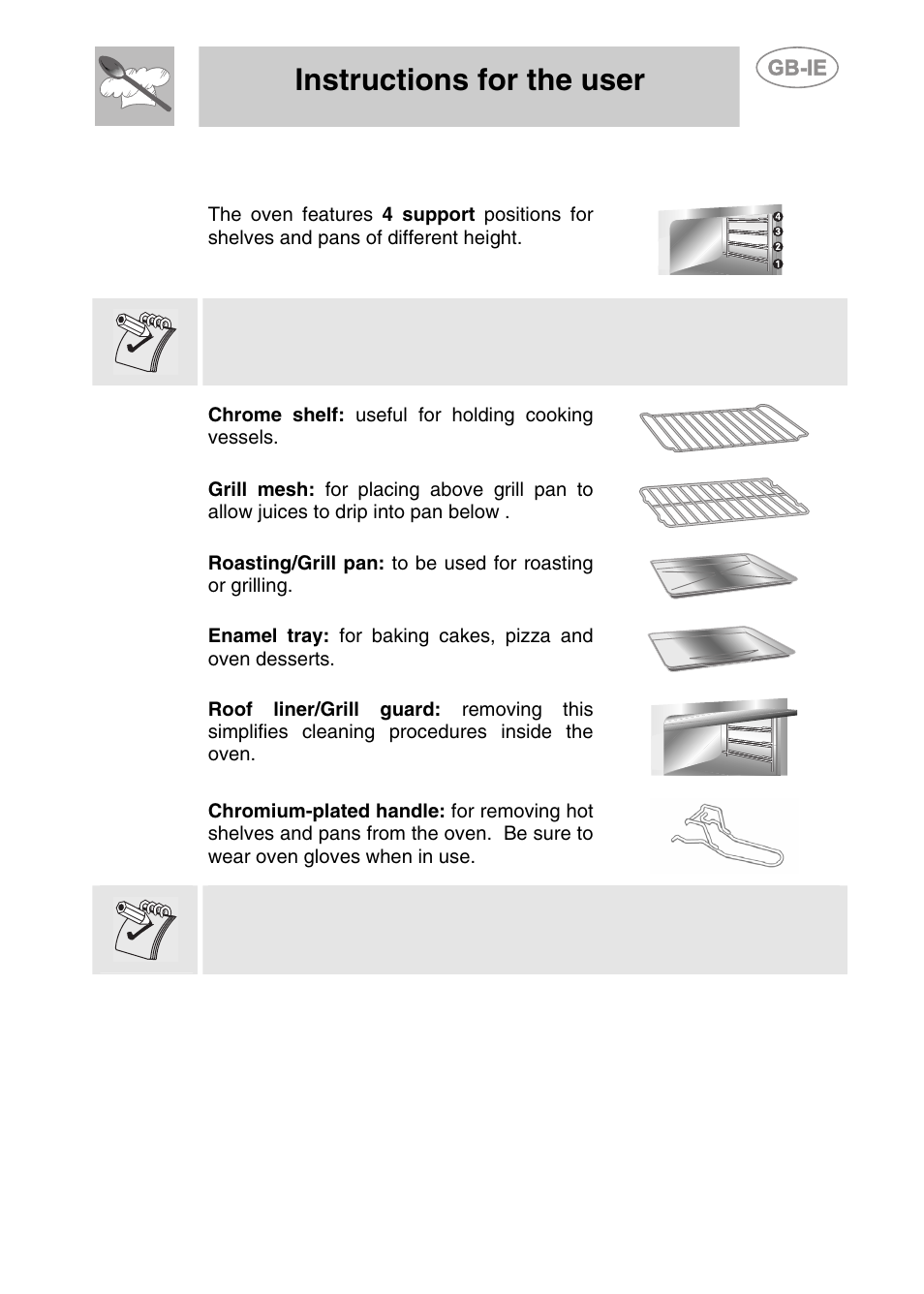 Available accessories, Instructions for the user | Smeg S108X-5 User Manual | Page 15 / 24