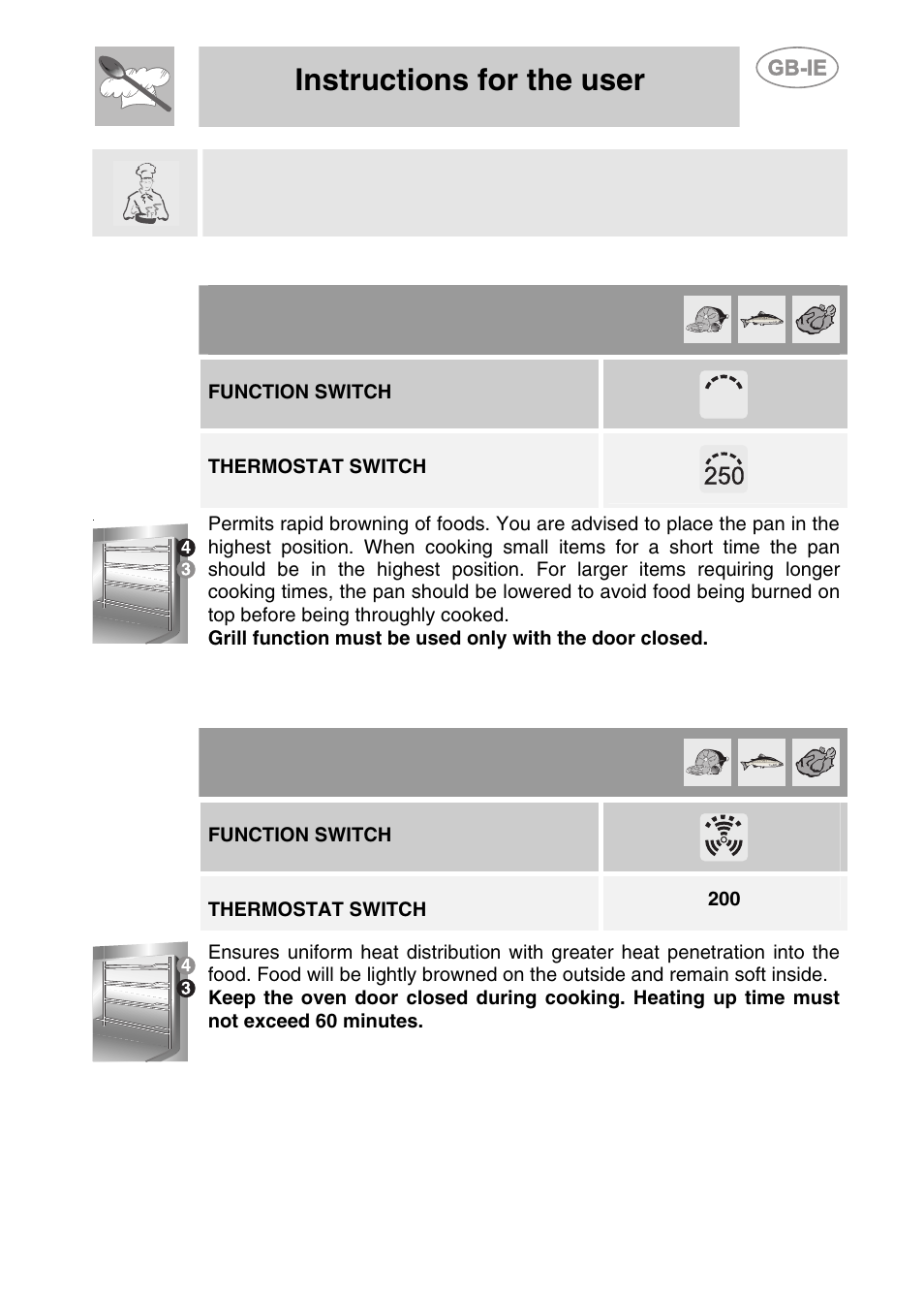 3 grill cooking, 4 fan grilling (multifunction models), Instructions for the user | Function switch, Thermostat switch | Smeg S108X-5 User Manual | Page 17 / 24