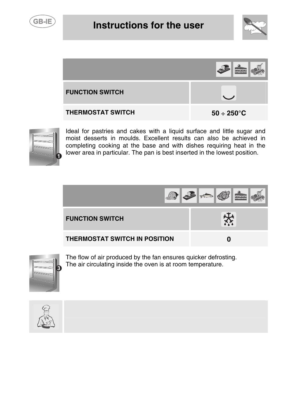 5 delicate cooking (in some models only), 6 defrosting (multifunction models), Instructions for the user | Function switch, Thermostat switch, Thermostat switch in position | Smeg S108X-5 User Manual | Page 18 / 24