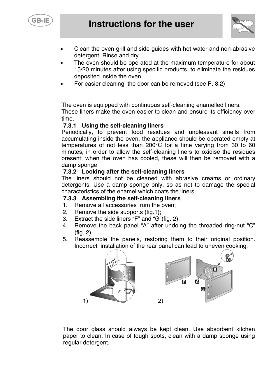 3 self-cleaning liners (only on some models), Using the self-cleaning liners, 2 looking after the self-cleaning liners | 3 assembling the self-cleaning liners, 4 door glass, Instructions for the user | Smeg S108X-5 User Manual | Page 22 / 24