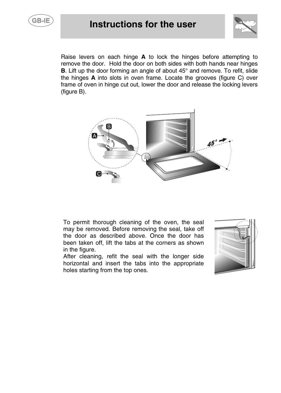 Removing the door, 3 oven door seal, Instructions for the user | Smeg S108X-5 User Manual | Page 24 / 24