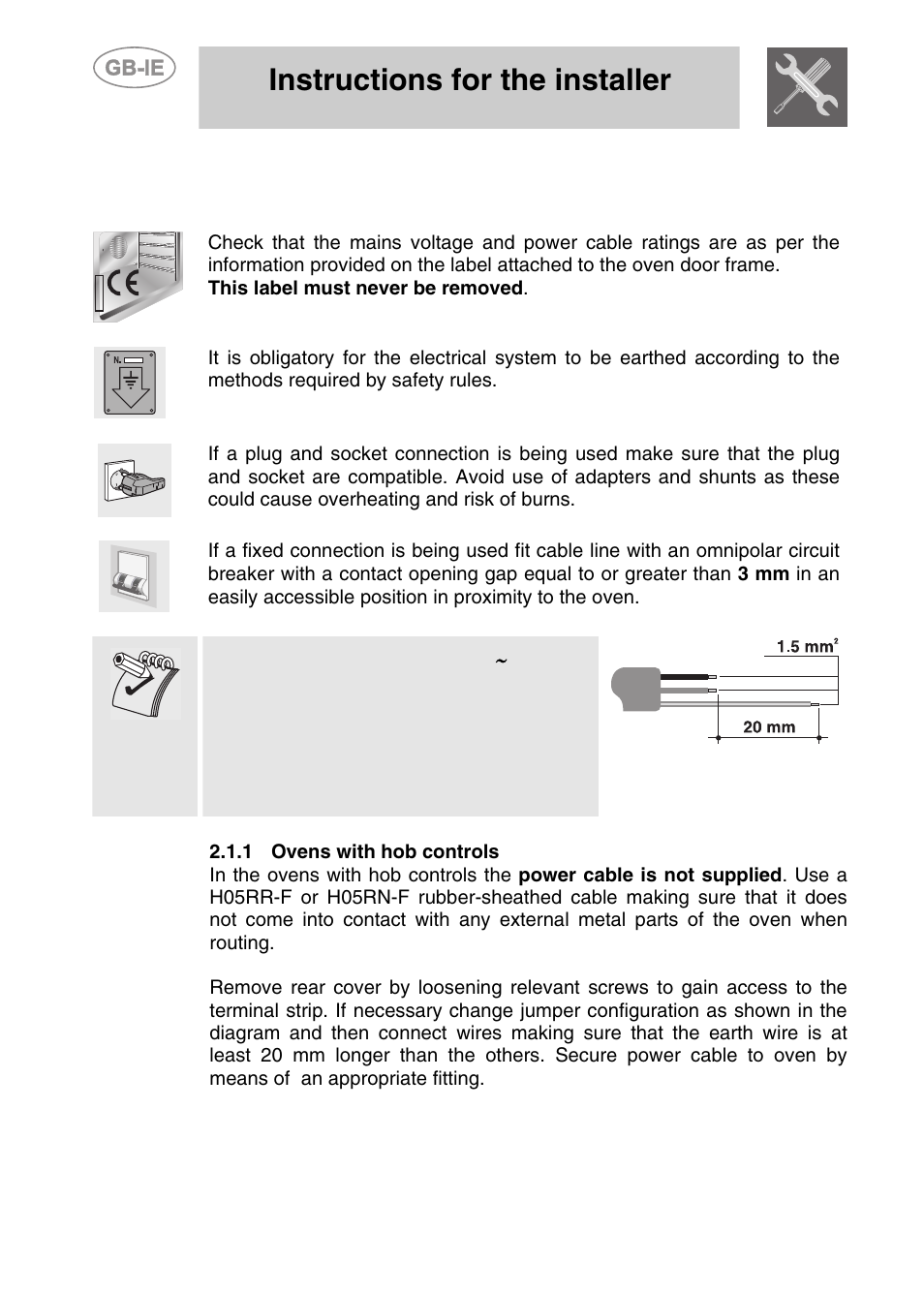 Installation, 1 electrical connection, 1 ovens with hob controls | Instructions for the installer | Smeg S108X-5 User Manual | Page 4 / 24