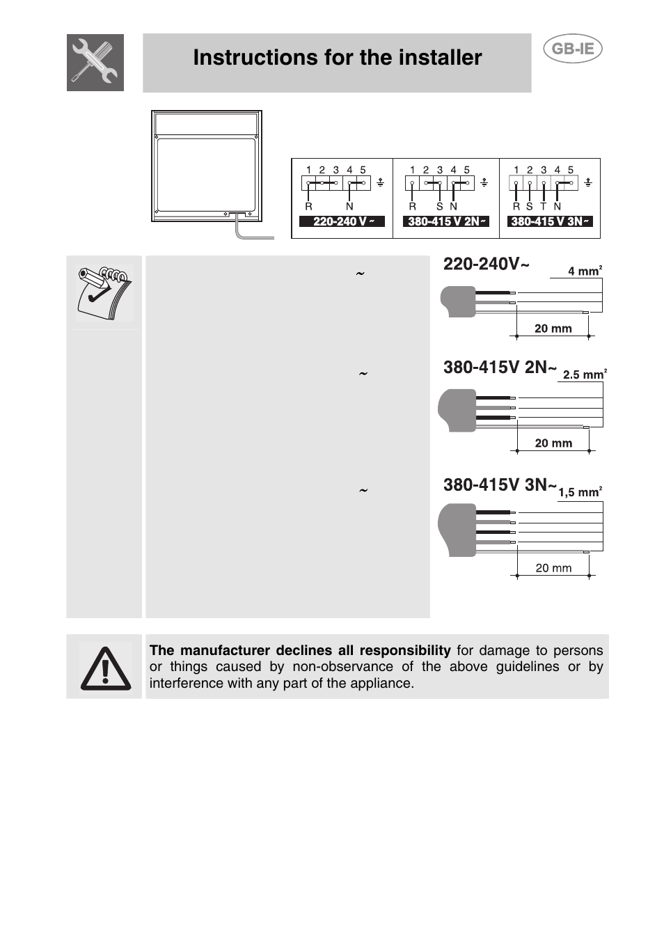 Instructions for the installer | Smeg S108X-5 User Manual | Page 5 / 24