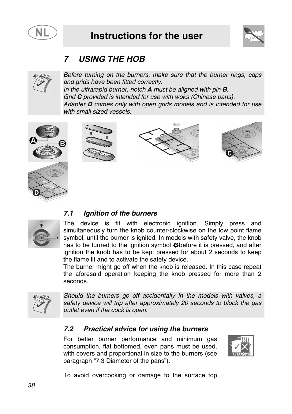 Instructions for the user, 7using the hob | Smeg SNL34AX1 User Manual | Page 16 / 20