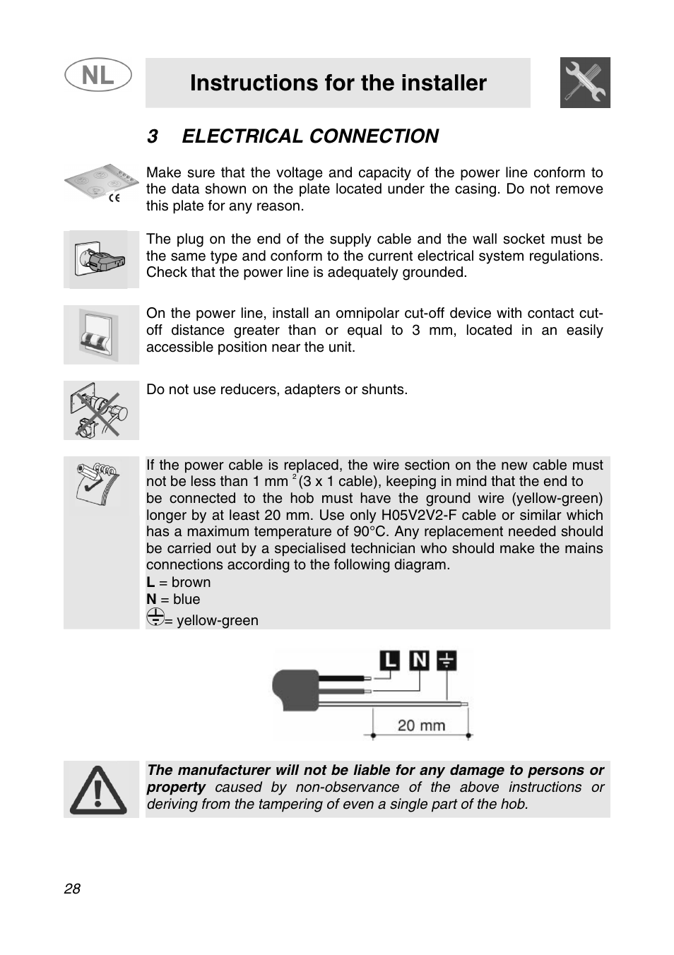 Instructions for the installer, 3electrical connection | Smeg SNL34AX1 User Manual | Page 6 / 20