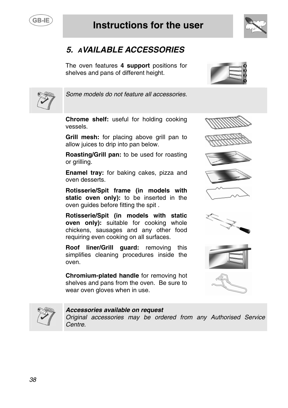 Available accessories, Instructions for the user, Vailable accessories | Smeg SA240X-5 User Manual | Page 13 / 23