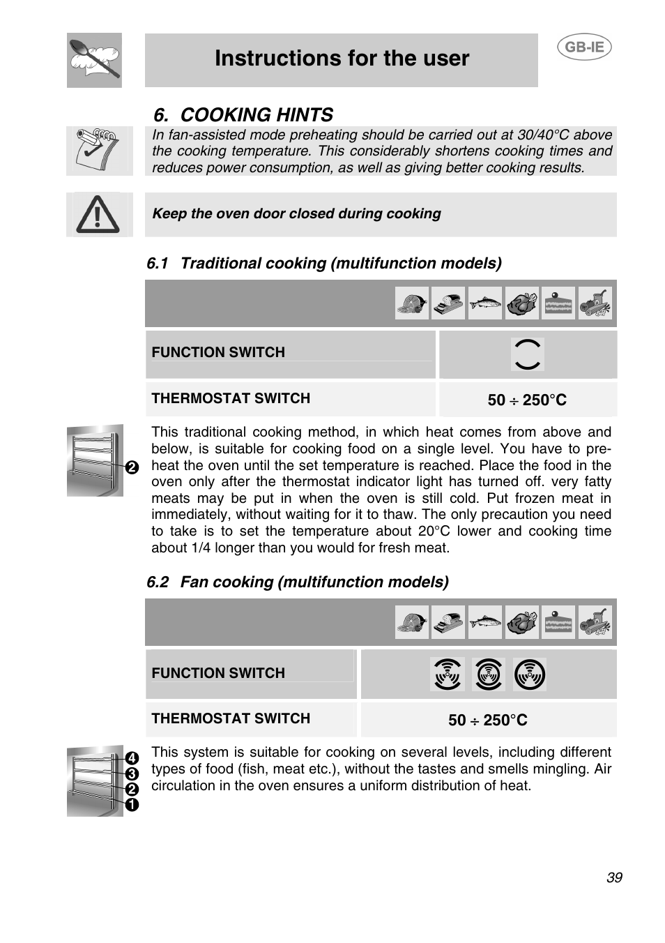 Cooking hints, 1 traditional cooking (multifunction models), 2 fan cooking (multifunction models) | Instructions for the user, Function switch, Thermostat switch | Smeg SA240X-5 User Manual | Page 14 / 23