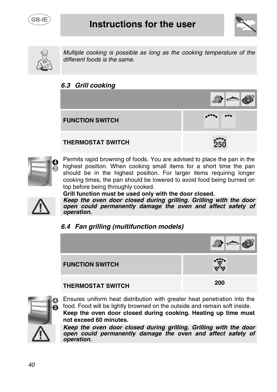3 grill cooking, 4 fan grilling (multifunction models), Instructions for the user | Function switch, Thermostat switch | Smeg SA240X-5 User Manual | Page 15 / 23