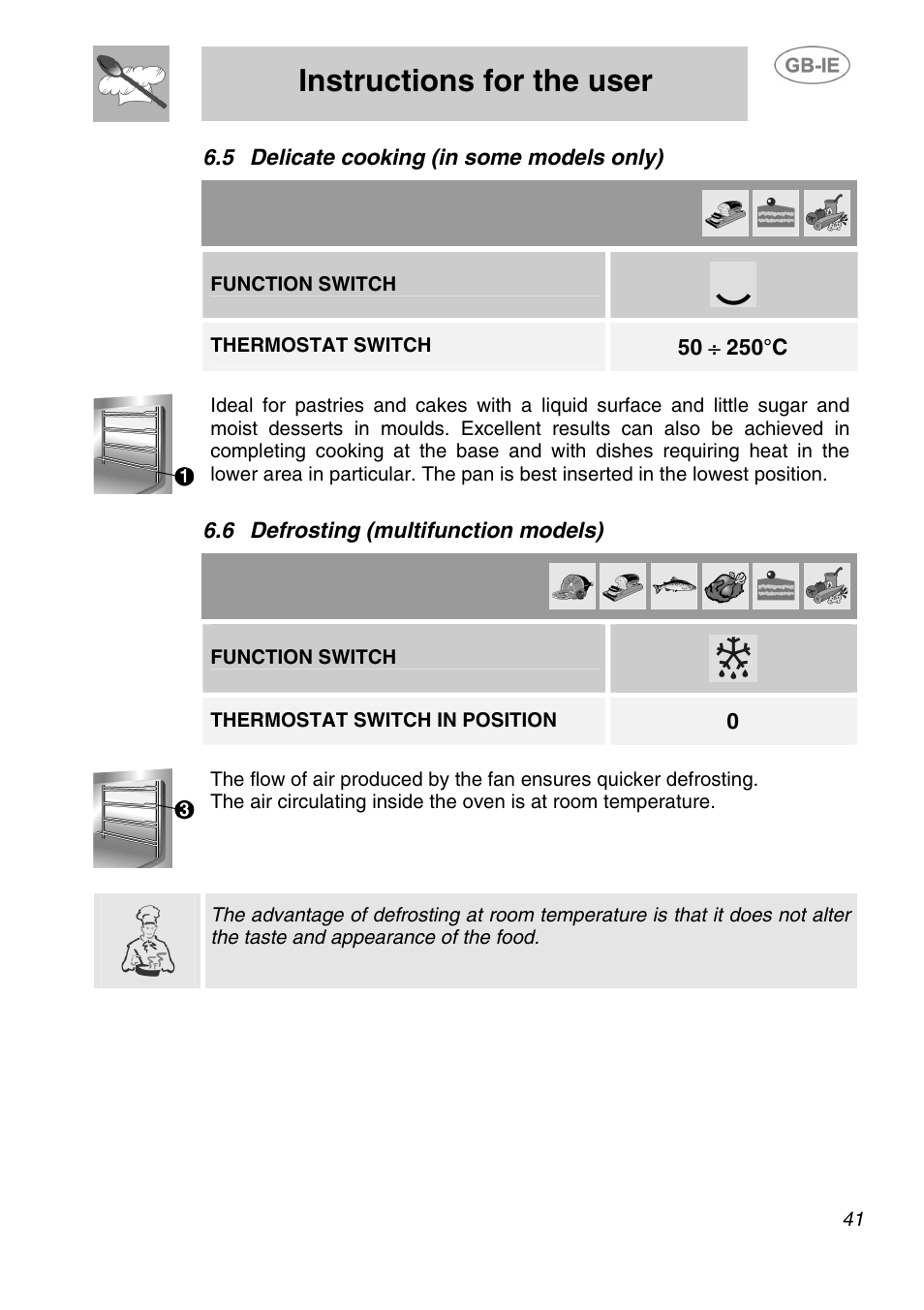 5 delicate cooking (in some models only), 6 defrosting (multifunction models), Instructions for the user | Function switch, Thermostat switch, Thermostat switch in position | Smeg SA240X-5 User Manual | Page 16 / 23