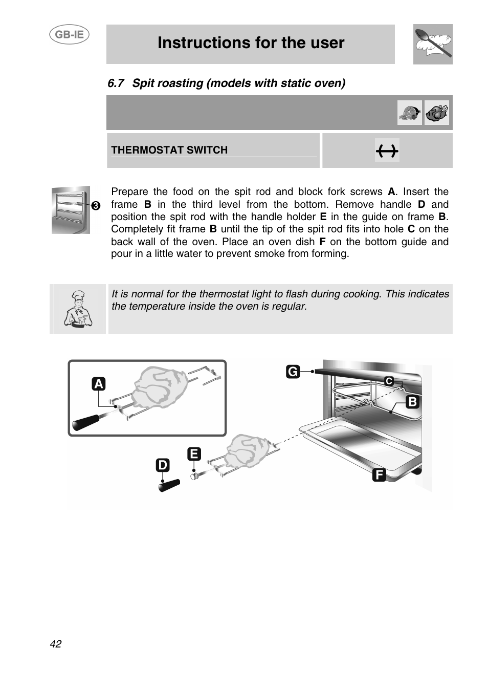 Spit roasting (models with static oven), Instructions for the user, 7 spit roasting (models with static oven) | Thermostat switch | Smeg SA240X-5 User Manual | Page 17 / 23