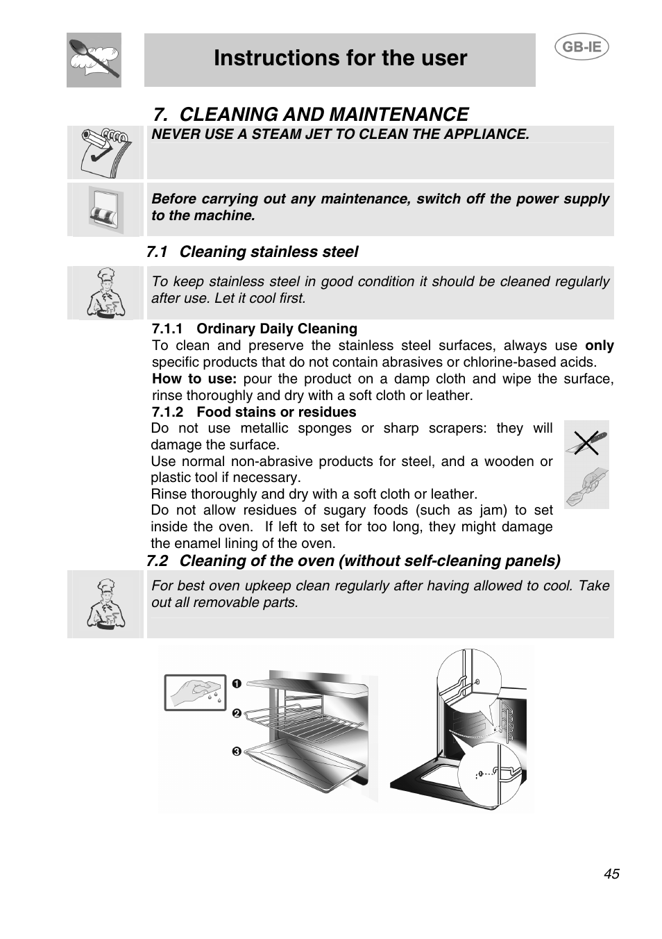 Cleaning and maintenance, 1 cleaning stainless steel, 1 ordinary daily cleaning | 2 food stains or residues, Instructions for the user, Never use a steam jet to clean the appliance | Smeg SA240X-5 User Manual | Page 20 / 23
