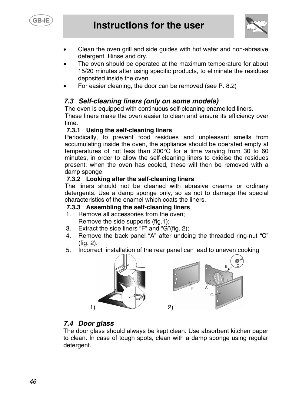 3 self-cleaning liners (only on some models), Using the self-cleaning liners, 2 looking after the self-cleaning liners | 3 assembling the self-cleaning liners, 4 door glass, Instructions for the user | Smeg SA240X-5 User Manual | Page 21 / 23