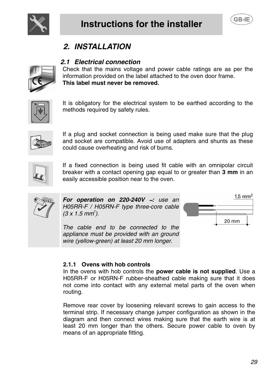 Installation, 1 electrical connection, 1 ovens with hob controls | Instructions for the installer | Smeg SA240X-5 User Manual | Page 4 / 23